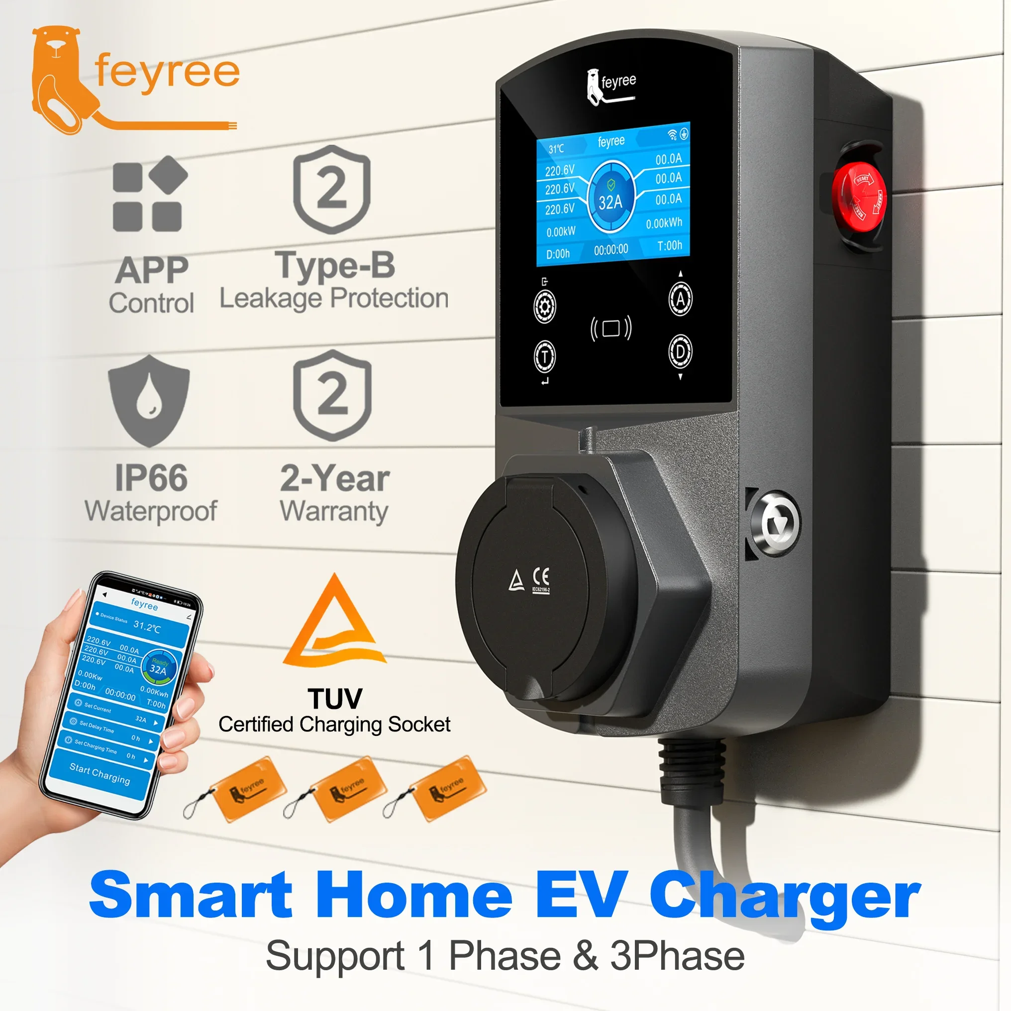 feyree Type2 EV Charger Socket Version 22KW Smart Electric Car Charger for TS-NACS Type1 GB/T Plug EVSE Wallbox WIFI APP Control