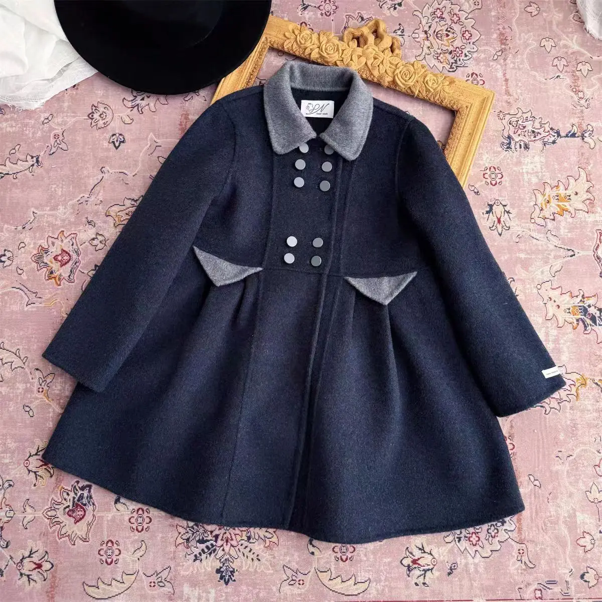 

Vintage 100% Wool Double-sided Cashmere Handmade Children's Skirt Navy Collar Coat Kids Boutique Christmas Warm Jacket