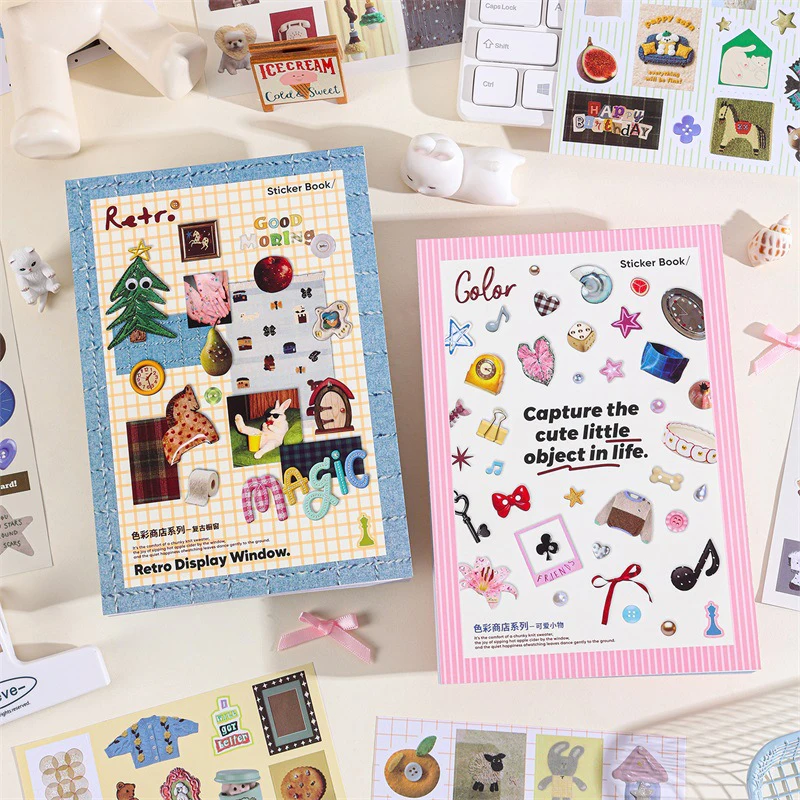 

Ретро-книга наклеек с мультяшными персонажами: эстетичные стикеры для дневников, скрапбукинга, планировщиков, ноутбуков и декоративных аксессуаров