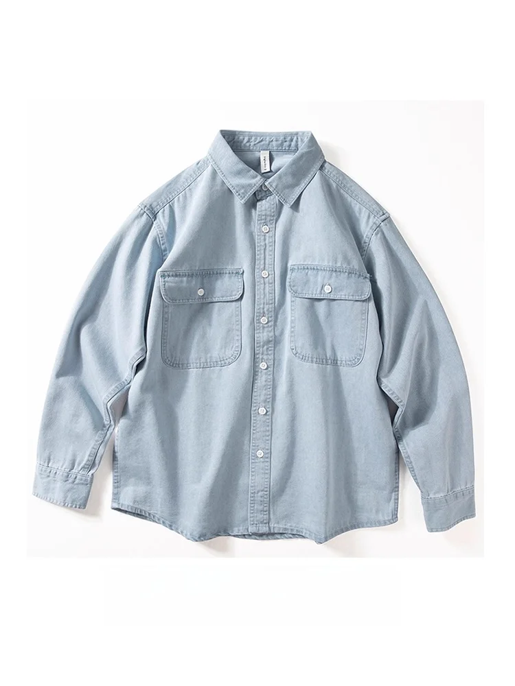 Mr. WH Casual Denim Shirt Long Sleeve Spring Autumn Loose American Style Youth Retro Simple Jacket for Men Polyester Fiber