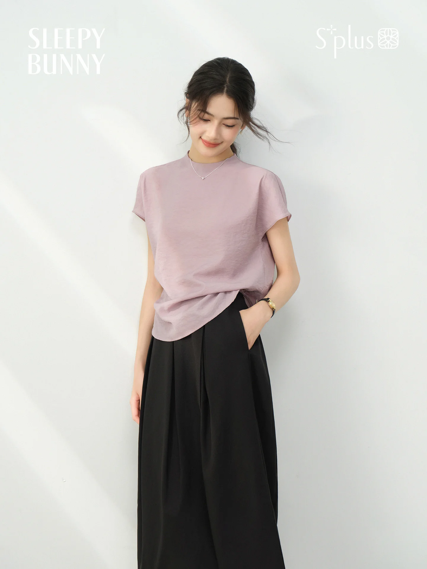 Elegant Lilac Textured Mock Neck T-Shirt Women Summer Loose Short Sleeve Blouse Lightweight Casual Chic Top Office Daily Wear