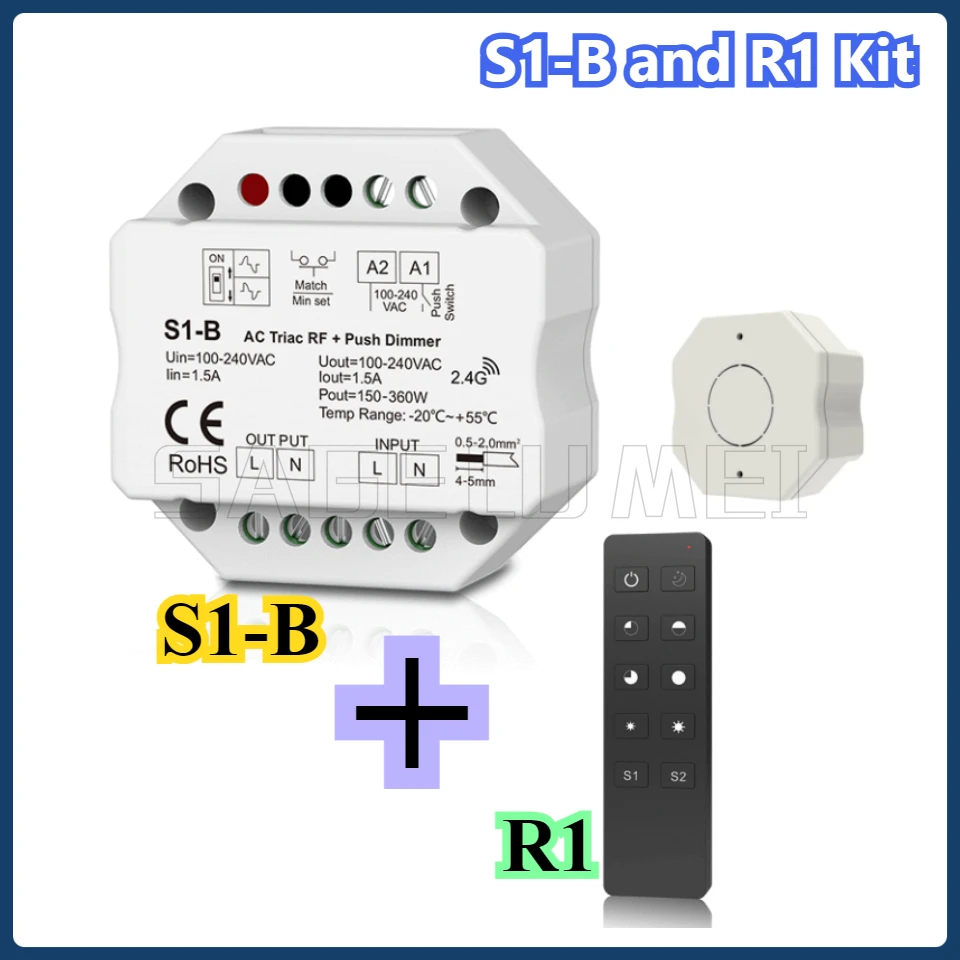 S1-B R1 set LED Dimmer 220V 230V 110V PWM Dimer 2.4G RF Remote Control Push Switch 220V AC Triac Dimmer For LED Lamp Light Bulb