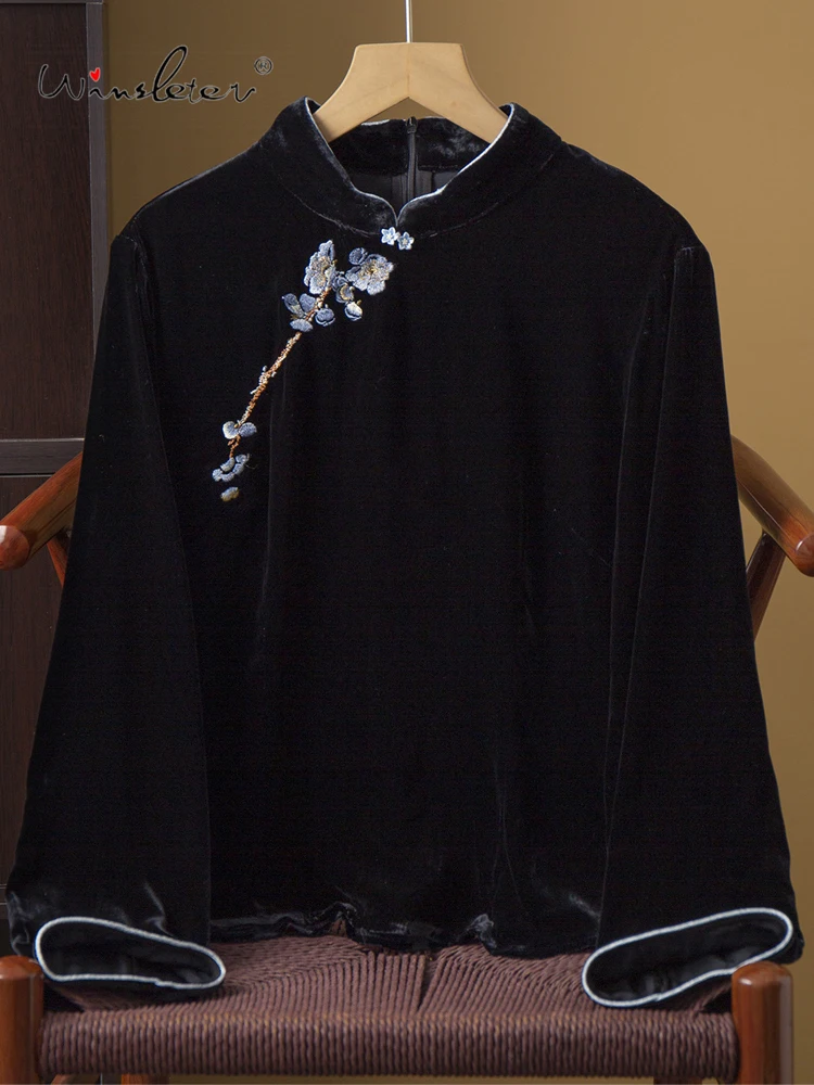 

Winsleter-Bottom 100%Real Silk Elegant Velvet T-shirt, Stand Embroidery, Woman Vintage Commute Loose Top, 2026 Spring T62469CC