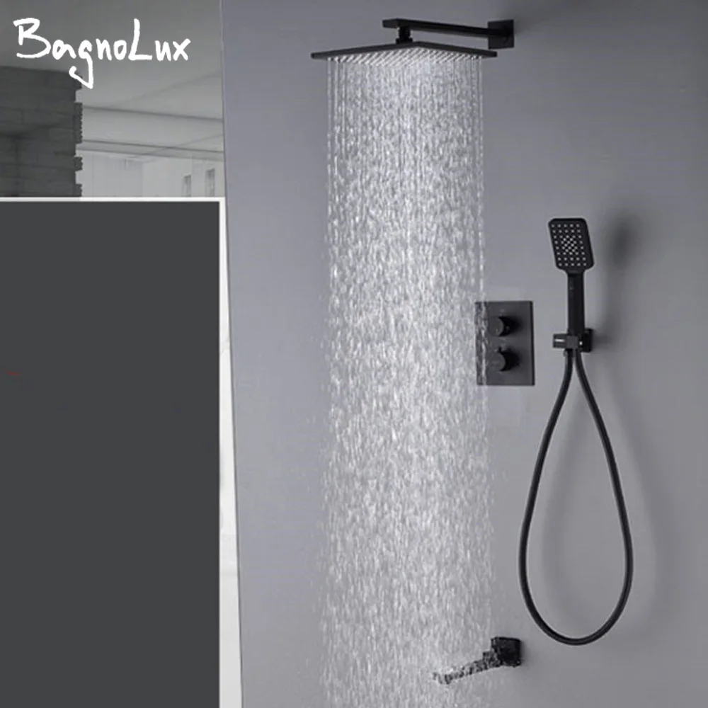 

Латунный термостатический кран, черный набор для душа, 8 дюймов, для ванной комнаты, для дождя, для душа, отводящий кран, набор с пластиковой ручной душевой головкой