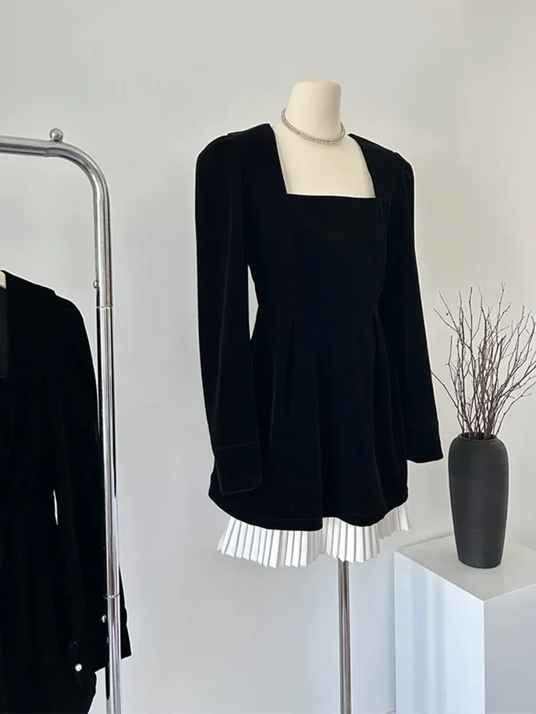

French Elegant New Design Black One-Piece Frocks Puff Sleeve Square Collar A-Line Dress Office Lady Autumn Winter Slim Fit Robe