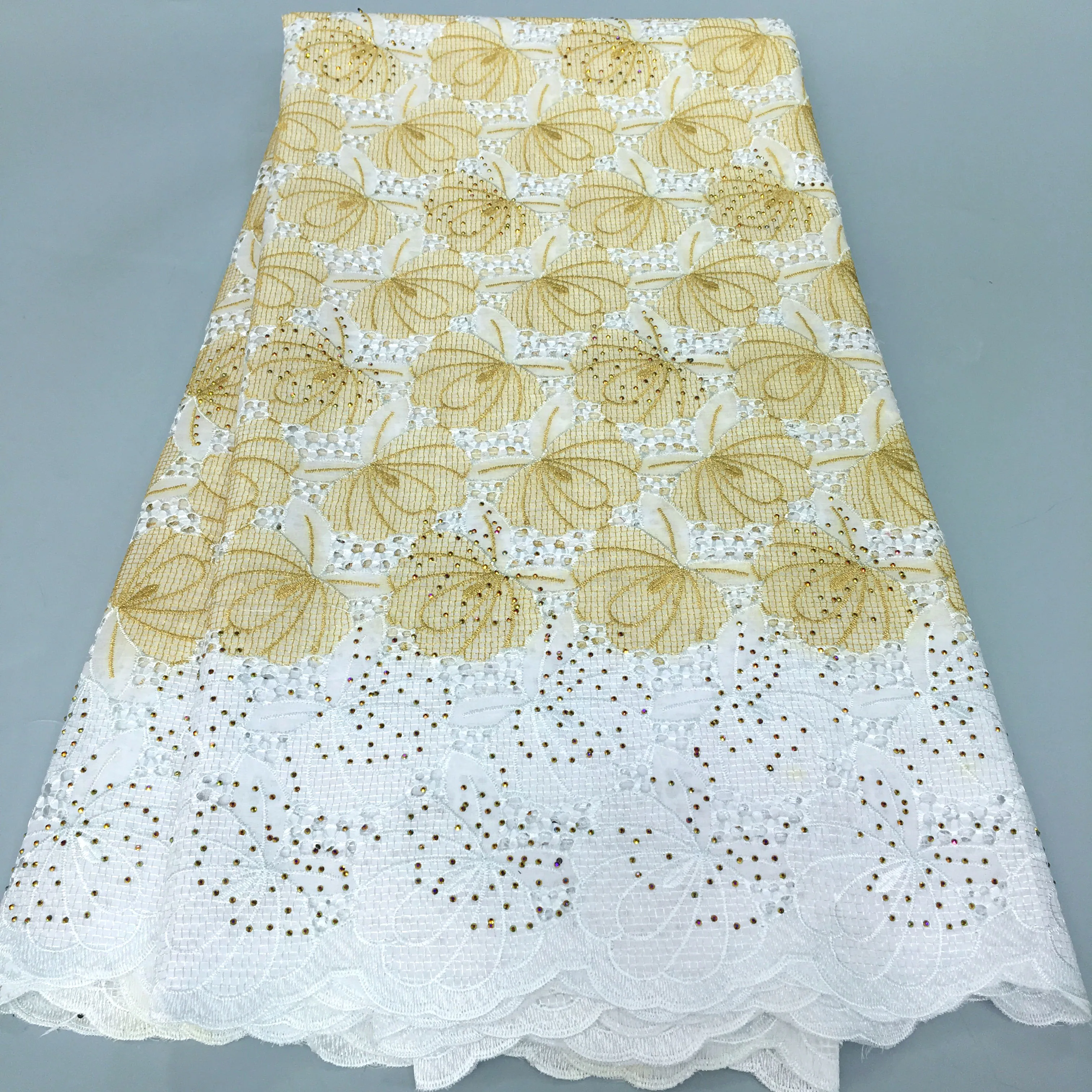 African Cotton Lace Fabric With Rhinestones 2024 Newest Design Swiss Voile Lace Fabric For Women Wedding Dresses Sewing A3928