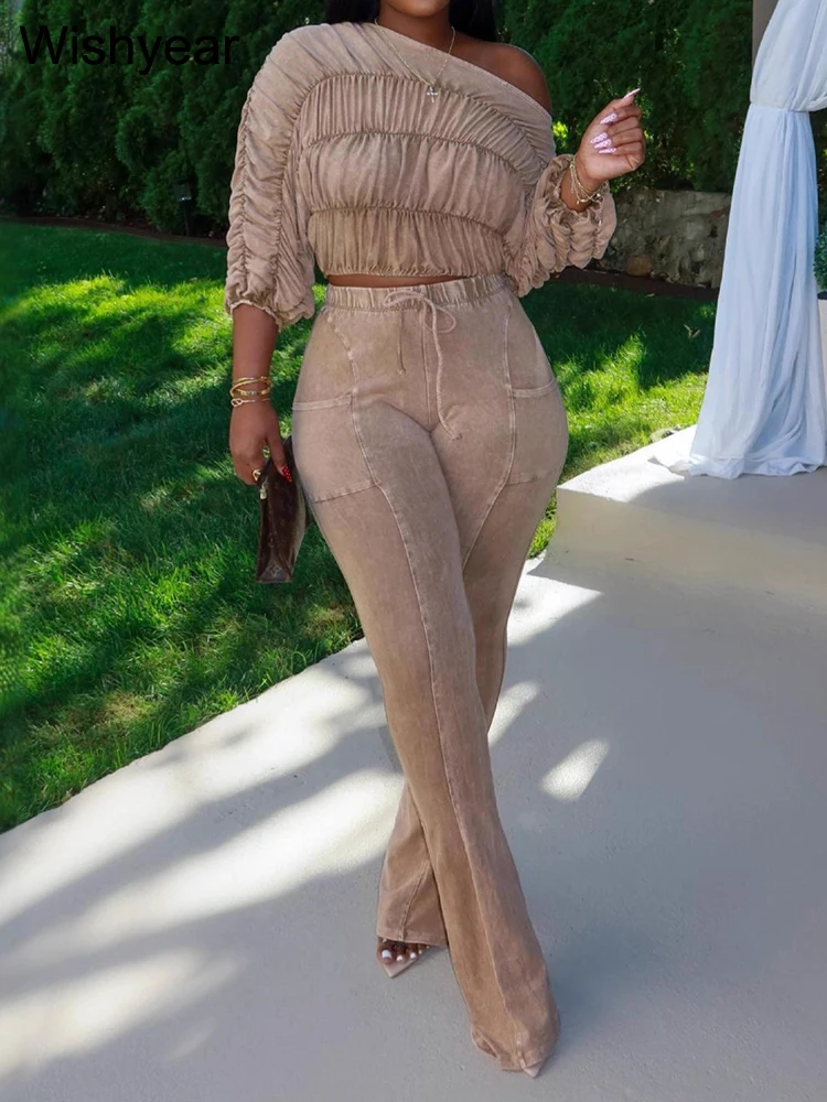 

Znaiml Горячий укороченный топ с круглым вырезом и рюшами 3/4 рукава и брюки-клеш Женский повседневный осенний спортивный уличный комплект Тонкие костюмы из двух предметов y2k