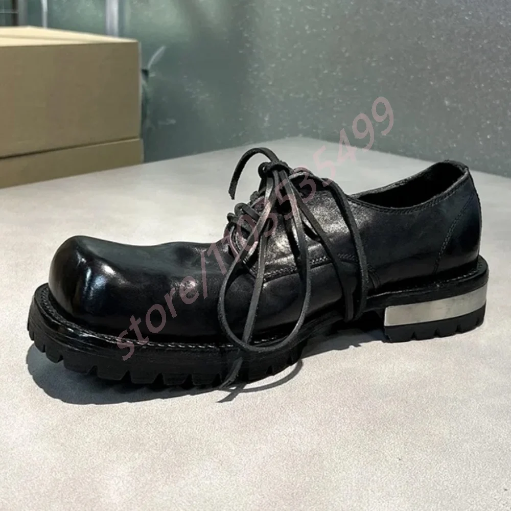 

2025 Men's British Style Loafers New Square Toe Black Lace-Up Casual Thick Heel Leather Shoes Metal Heel Derby Shoes