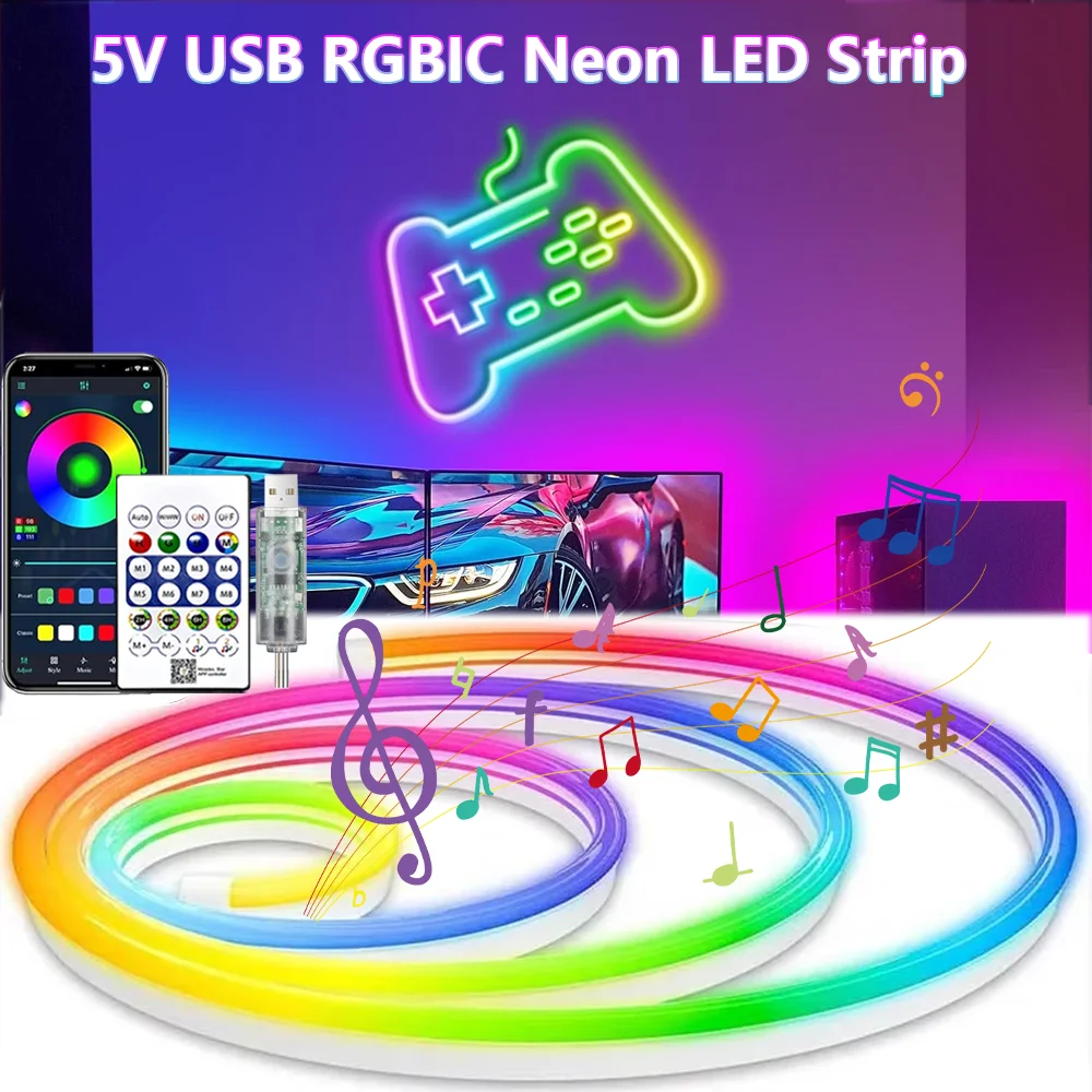 

5 В USB RGBIC Неоновая светодиодная лента 1/2/3/4/5M IP65 RGBIC Неоновая лампа с приложением Bluetooth и пультом дистанционного управления для DIY неонового декоративного освещения