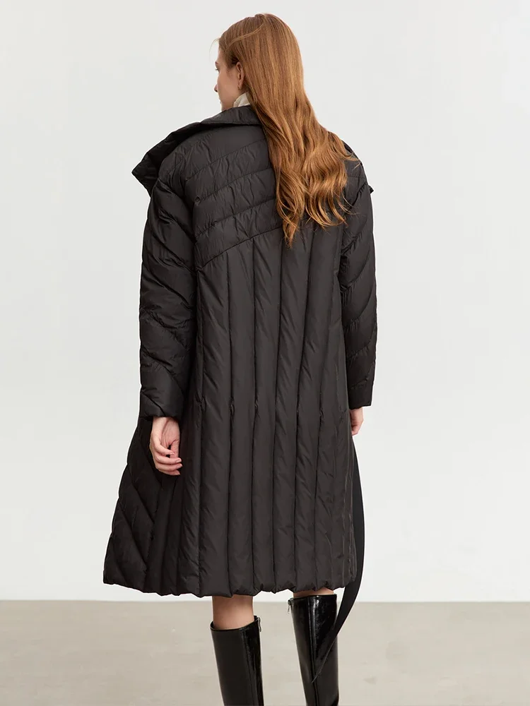AMII Minimalism Long Down Jacket For Women Winter New Lapel Stand Collar Adjustable Belt Lady Outwear Windproof Coats 12344105