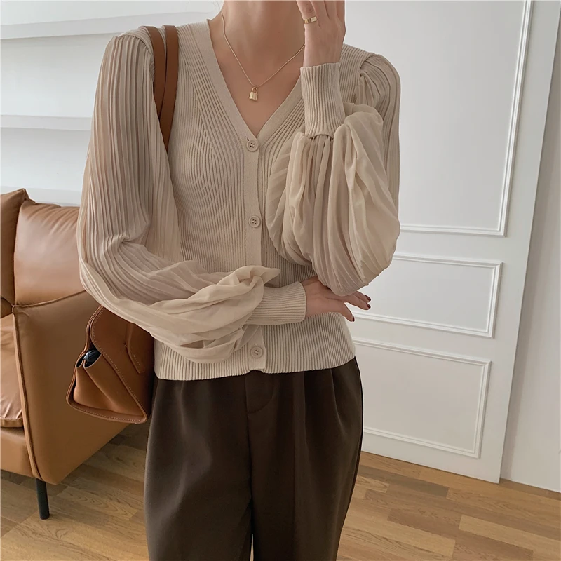 Kobiety Jesień Casual Office Lady Loose Patchwork V-neck Long Sleeve Knitwear Knitting Fashion All-match Knitting Cardigan Tops