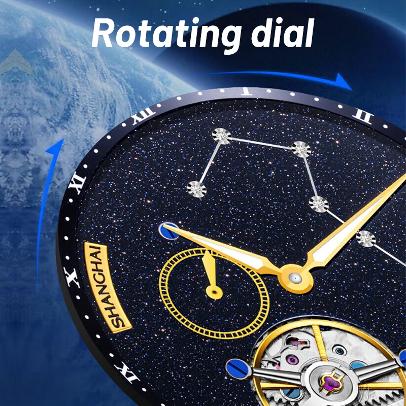 SHANGHAI Watch Carousel Manual Winding Mechanical Watches Luxury Men's Wristwatch Rotating Dial Luminous Waterproof Watch 6813J