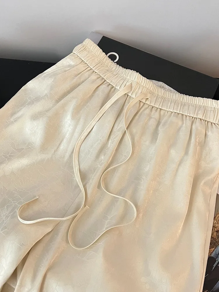 세련된 하이웨이스트 스트레이트 레그 아이스 실크 와이드 레그 팬츠 여성 여름 얇은 드레이프 슬리밍 캐주얼 롱 트라우저