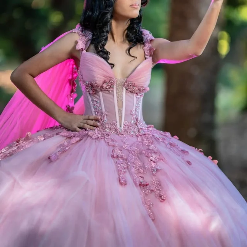 

Персиково-розовое платье Quinceanera с кружевным цветком и открытыми плечами, блестящая наклейка, платья de 15, Quinceanera ﻿ Индивидуальный