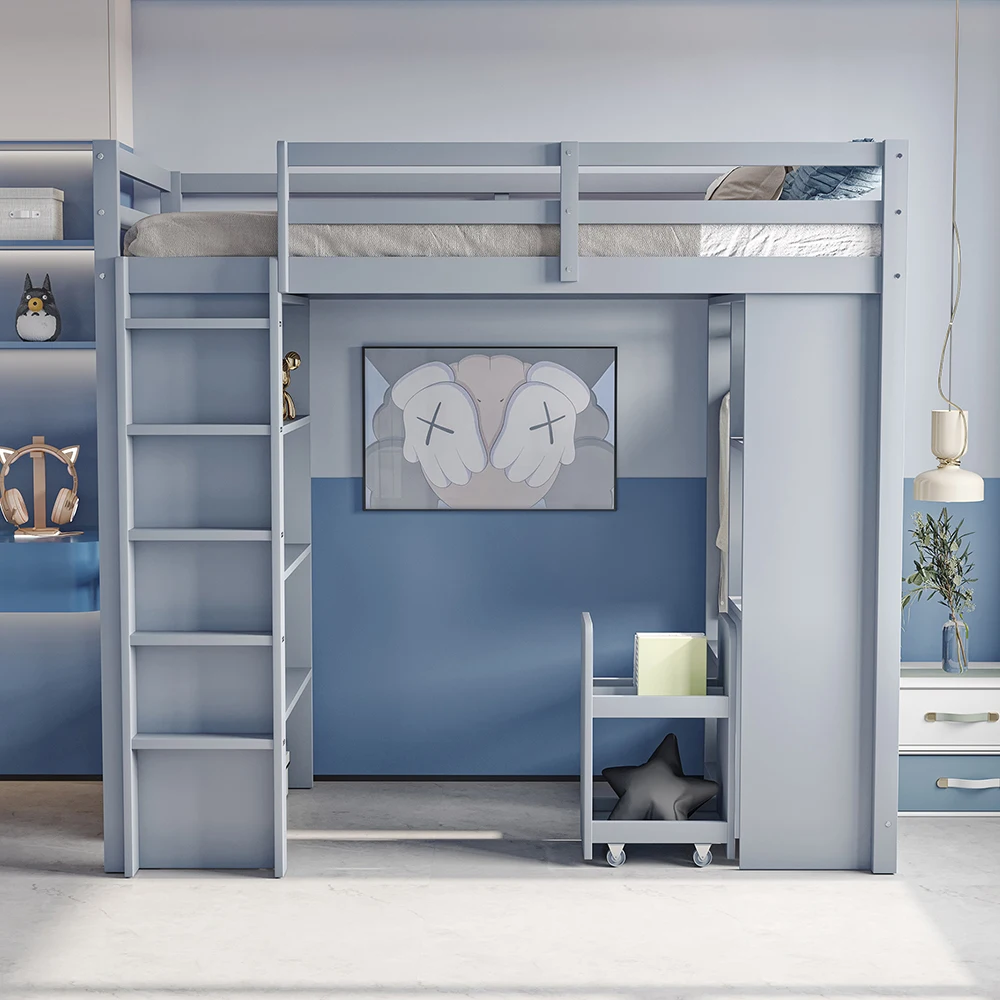 KOMHTOM Letto a castello per bambini 90x200 cm con ripiani multipiano, grucce, scomparti portaoggetti e carrello per organizzare rimovibile