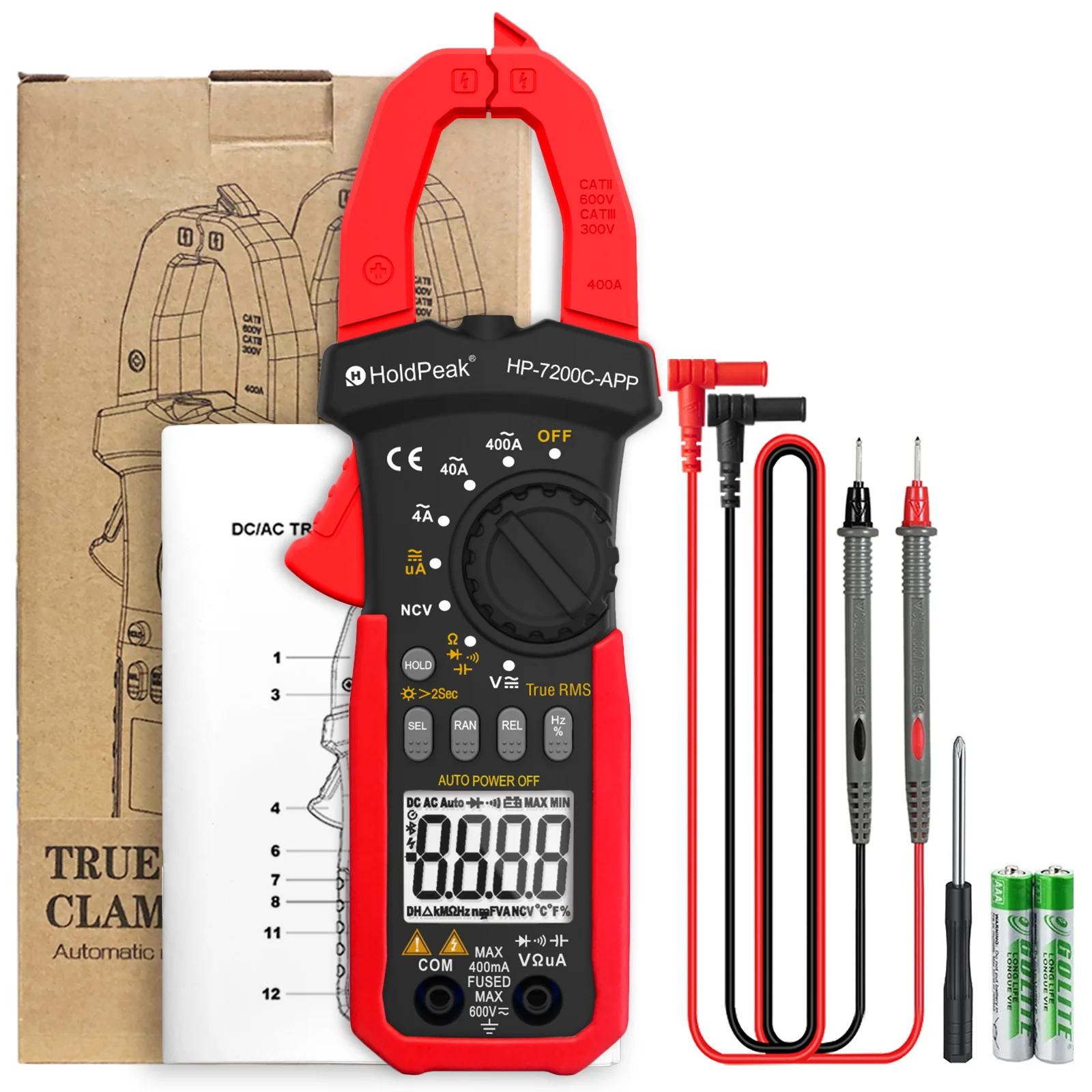 HOLDPEAK HP-7200C-APP Clamp Meter Multimeter 4000 counts with Smartphone APP,AC/DC TRUE-RMS LCD Display  Lamp Light Data Hold