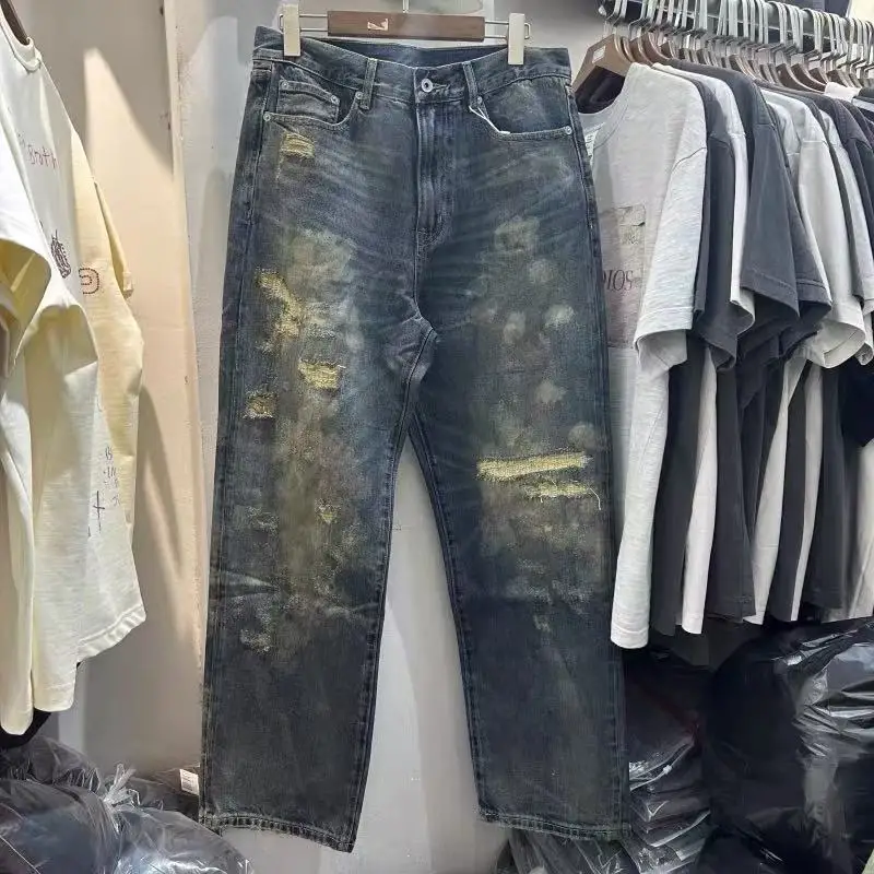 

Последние мужские и женские 25SS потертые винтажные классические прямые тяжелые джинсовые брюки Bull King в японском стиле