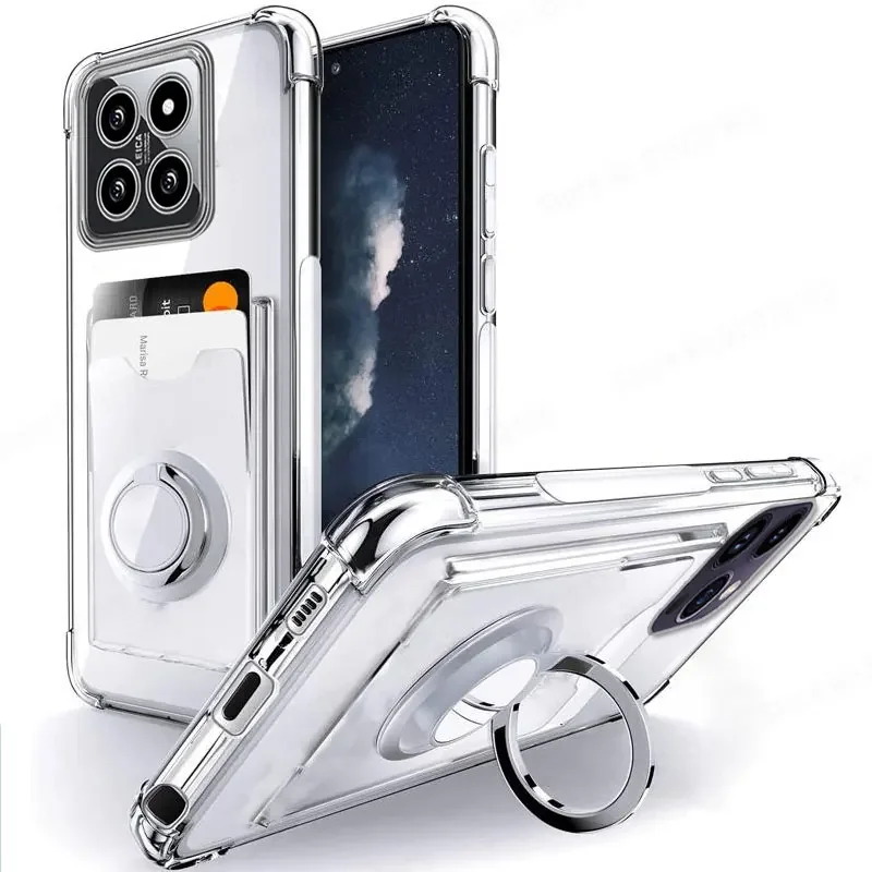 

Ring Holder Wallet Card Slot Phone Case For Xiaomi 14t 14 Pro Airbag Shockproof Soft Silicone Transparent Covers For Redmi 14c 4