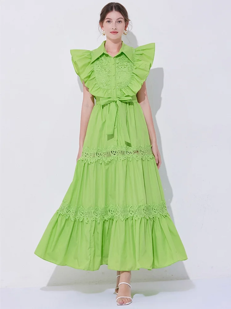 

SMTHMA High End French Style Lace Embroidered Long Dress Ruffle Sleeves Slimming Waist Runway Long Dresses