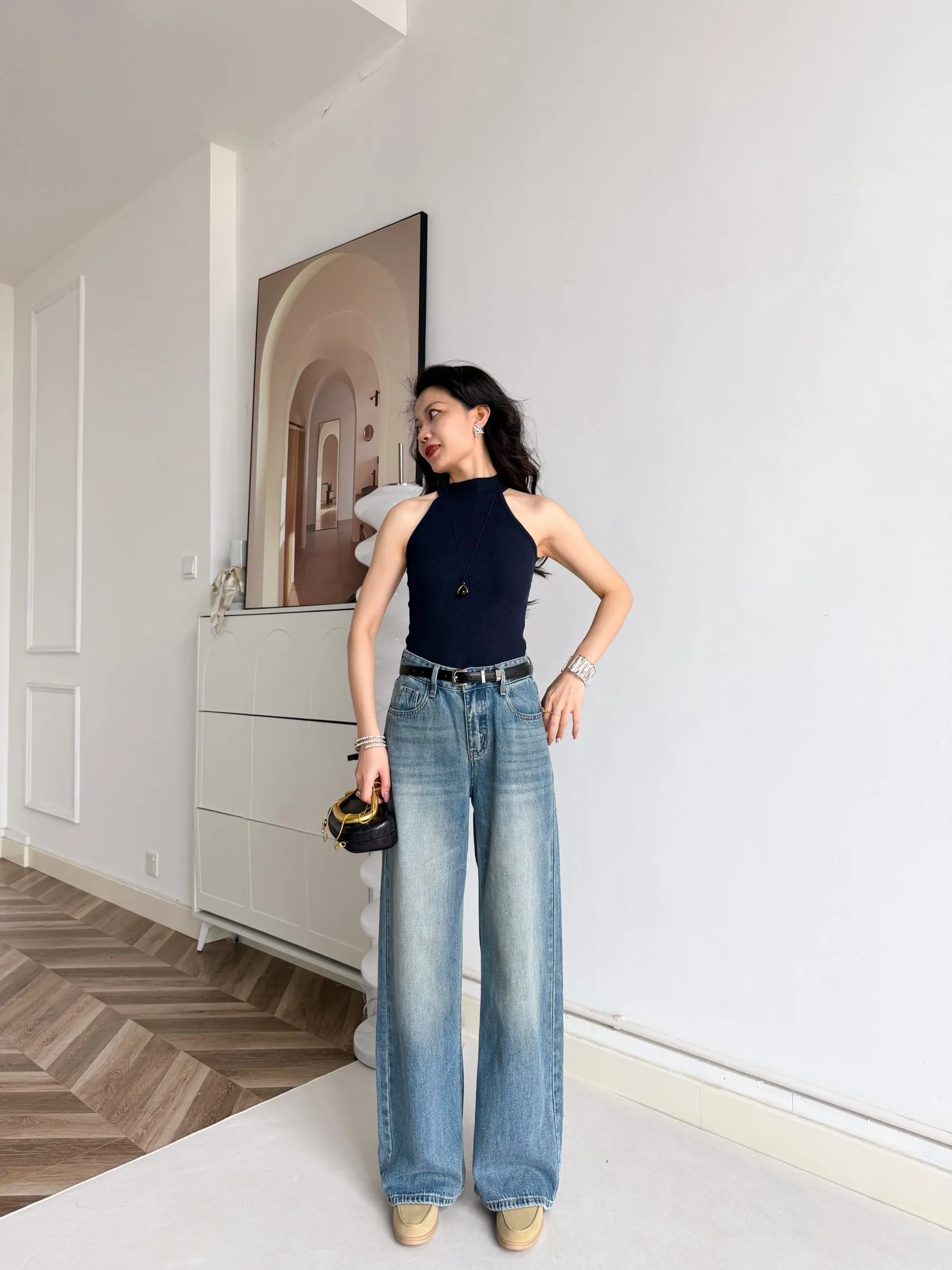 

Territory Slimming Cotton Denim Pants Drapey Soft Straight Leg Jeans with Silk Scarf mid Waist Loose Fit Ladies Jeans