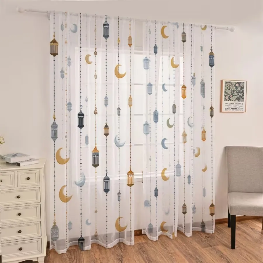 2PCS Digital Print Sheer Curtains, Blue Yellow Crescent Lantern, Ramadan Vibrant Festival for Bedroom Living Room Home Decor
