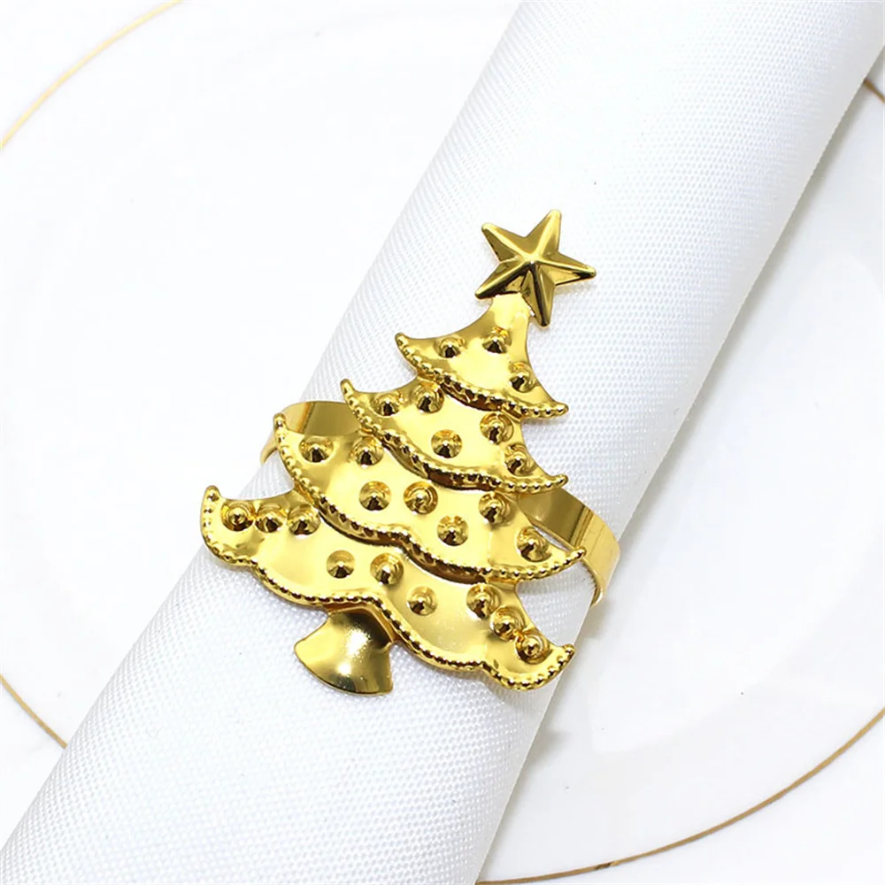 TNDVEE 6Pcs Golden Christmas Tree Snowflake Napkin Rings for Christmas Party Wedding Banquet New Year Dinner Table Decorations