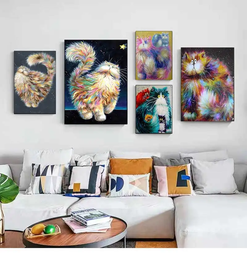 Abstract Longhair Cat Oil Painting on Canvas Cute Kitty Posters and Prints Animal Wall Art Pictures for Living Room Home Decor