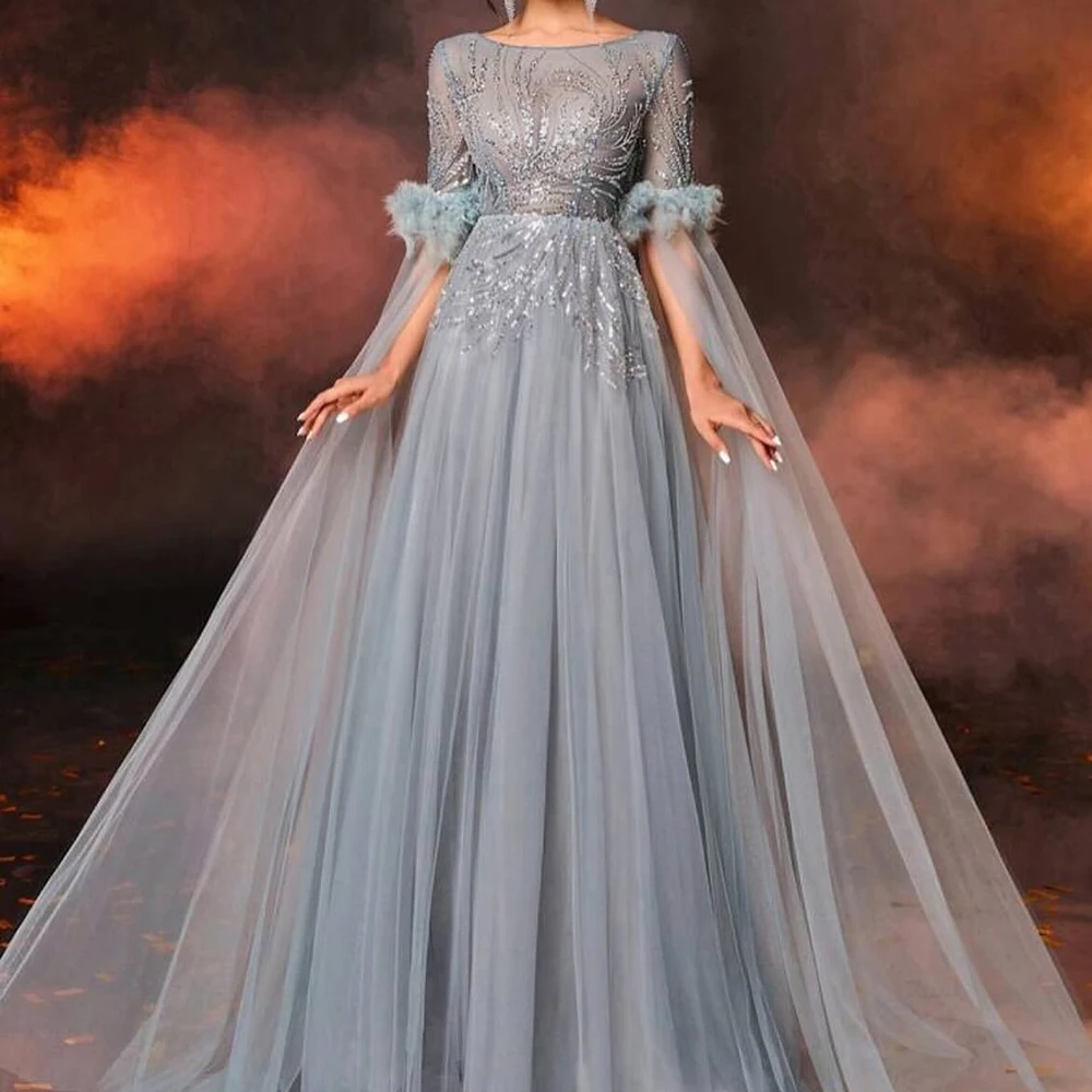 Customized A-line Evening Dresses Floor-length Scoop-neck Full Sleeve Prom Gown Fashion Sequined Feathers Draped Party Gown