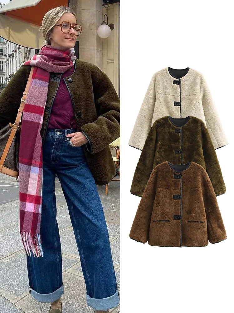 

Winter Women Fur Faux Leather Warm Jacket Chic Contrasting Splice Casual Button O Neck Winter Fur One Piece Lamb Wool Jacket