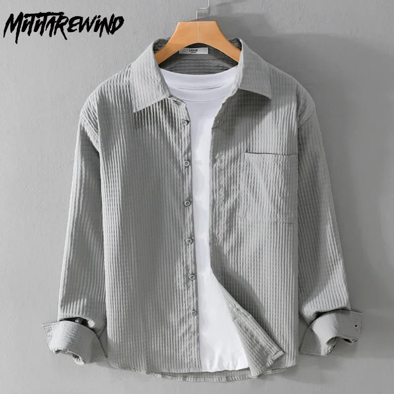 

Spring and Autumn Long Sleeve Shirts Man Daily Casual Shirts Lapel Pocket Solid Bubble Shirt Slim Fit Korean Simple Men Clothing