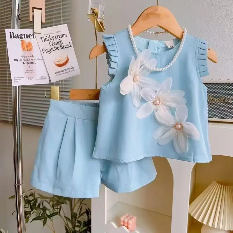 Girls 3D Flower Sleeveless Top & Skort Set, Kids 2-Piece Summer Outfit Cute Casual Clothing for Toddler Girls Daily Wear & Party