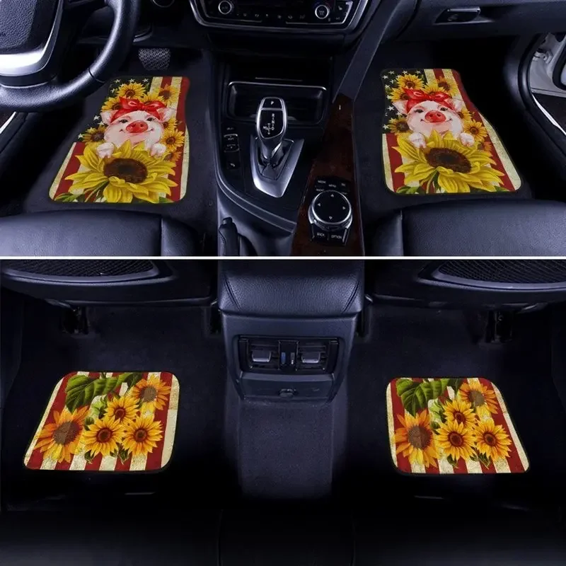 Sunflower Pig Kawaii Car Floor Mat Full Set Front Non-Slip Carpet Mats Front & Rear Universal fit Most Sedan Car SUV Van 4 Pcs