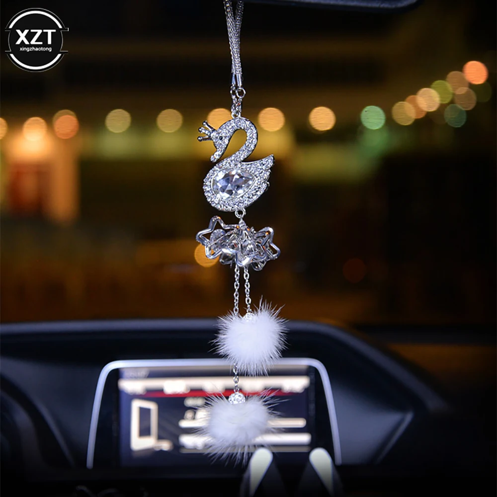 

New Car Pendant Fashion Diamond Crystal Fur Ball Swan Element Decor Automobile Rearview Mirror Car Hanging Ornaments Accessories