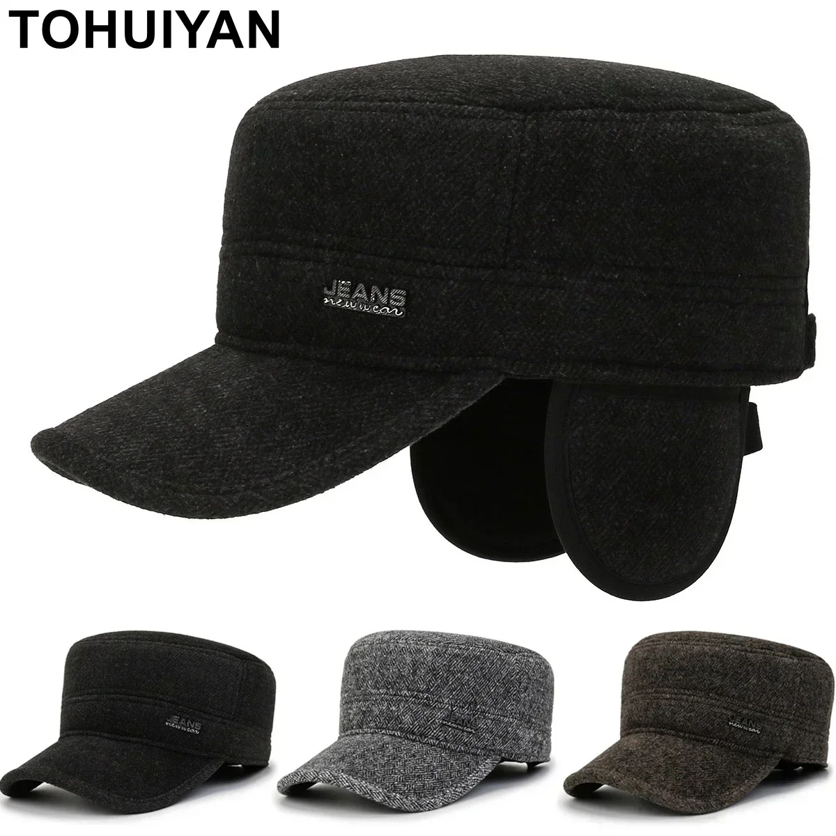 TOHUIYAN Warm Plush Military Hat for Men Winter Thicken Earmuff Cap Outdoor Ears Protected Cadet Caps Dad Retro Flat Top Hats