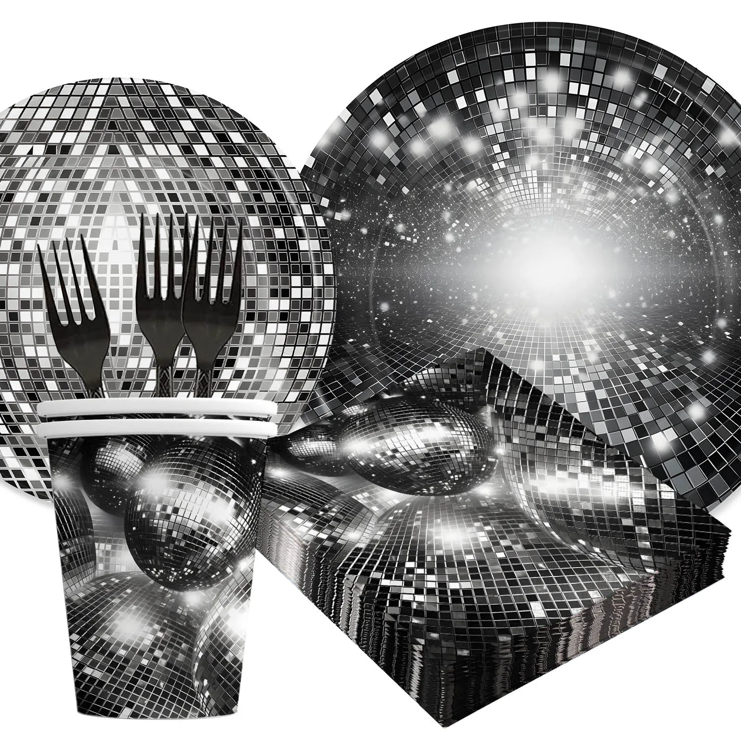 10 convidados disco bola de prata utensílios de mesa descartáveis placas de prata disco guardanapo preto adulto tema discoteca feliz aniversário festa decoração