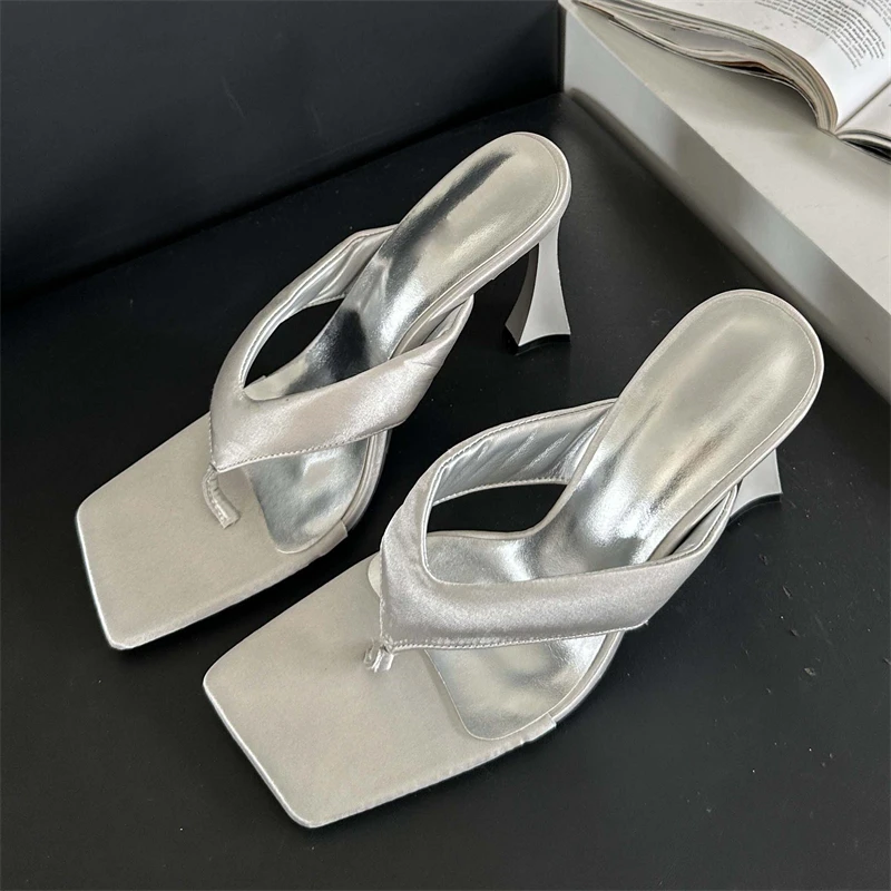 Eilyken 2024 Summer Square Clip Toe Slippers Women High Heels Casual Slides Sandals Fashion Flip Flops Ladies Shoes