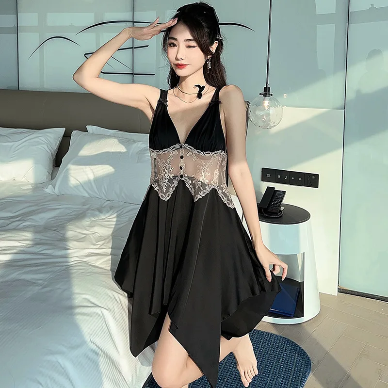 

Sexy Backless Sleepwear Gown Summer Lady Nightgown Lingerie Lace Suspender Nightdress Sleepdress Women Silky Satin Loungewear