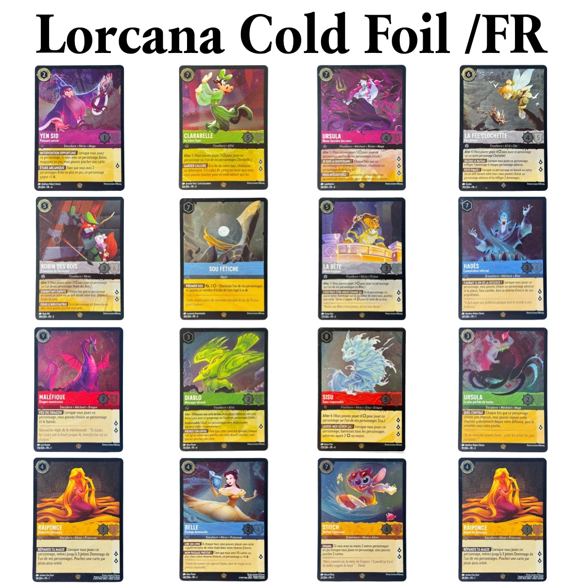 Lorcana FR Cartes à feuille froide RAIPONCE STITCH CLARABELLE DIABLO URSULA La plus perfde de toutes LA BÉTE Héros tragique HADES cartes