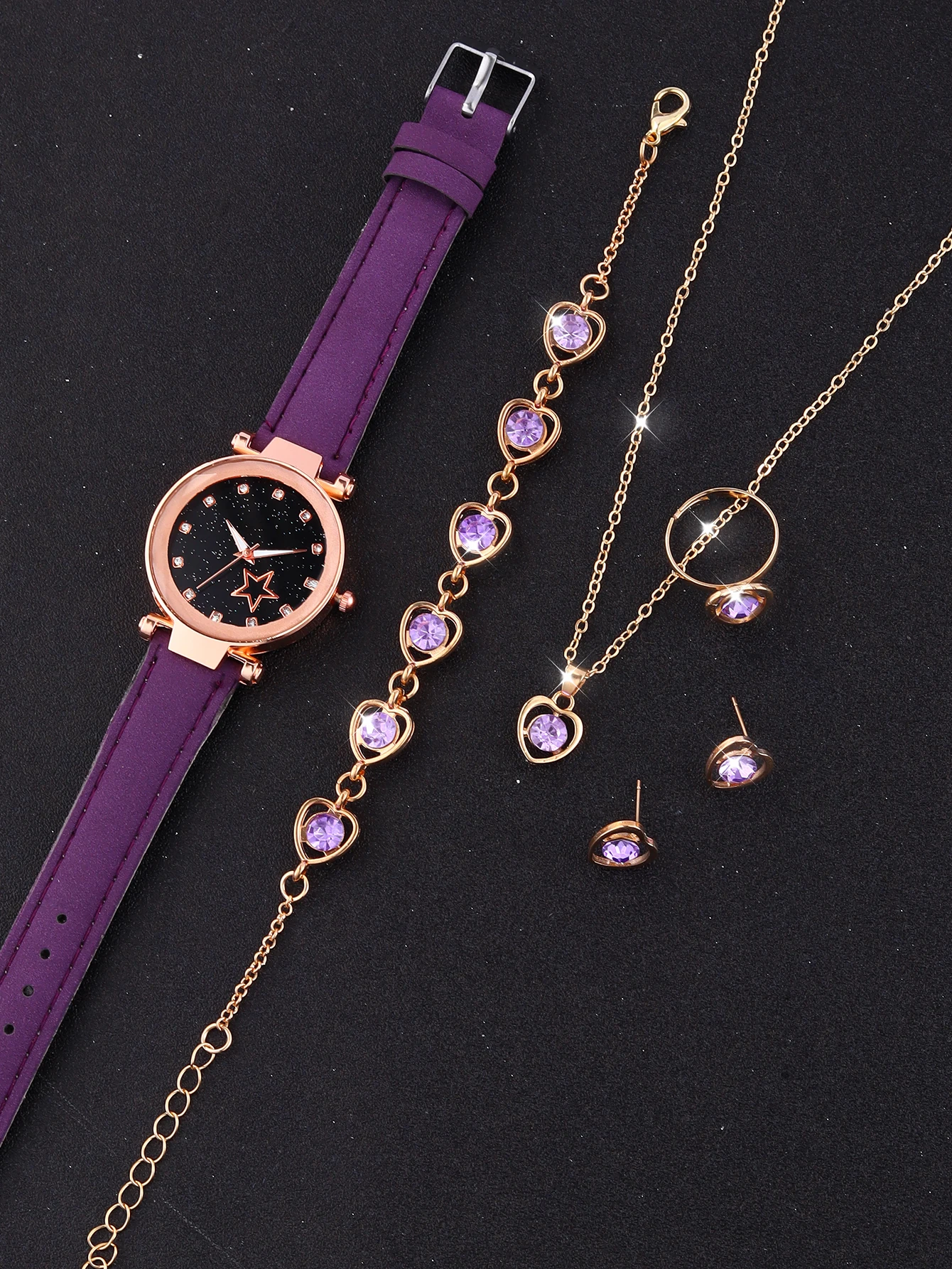 Purple fashion five-pointed star alloy leather women\'s quartz watch and purple hollow necklace set birthday gift wear pieces