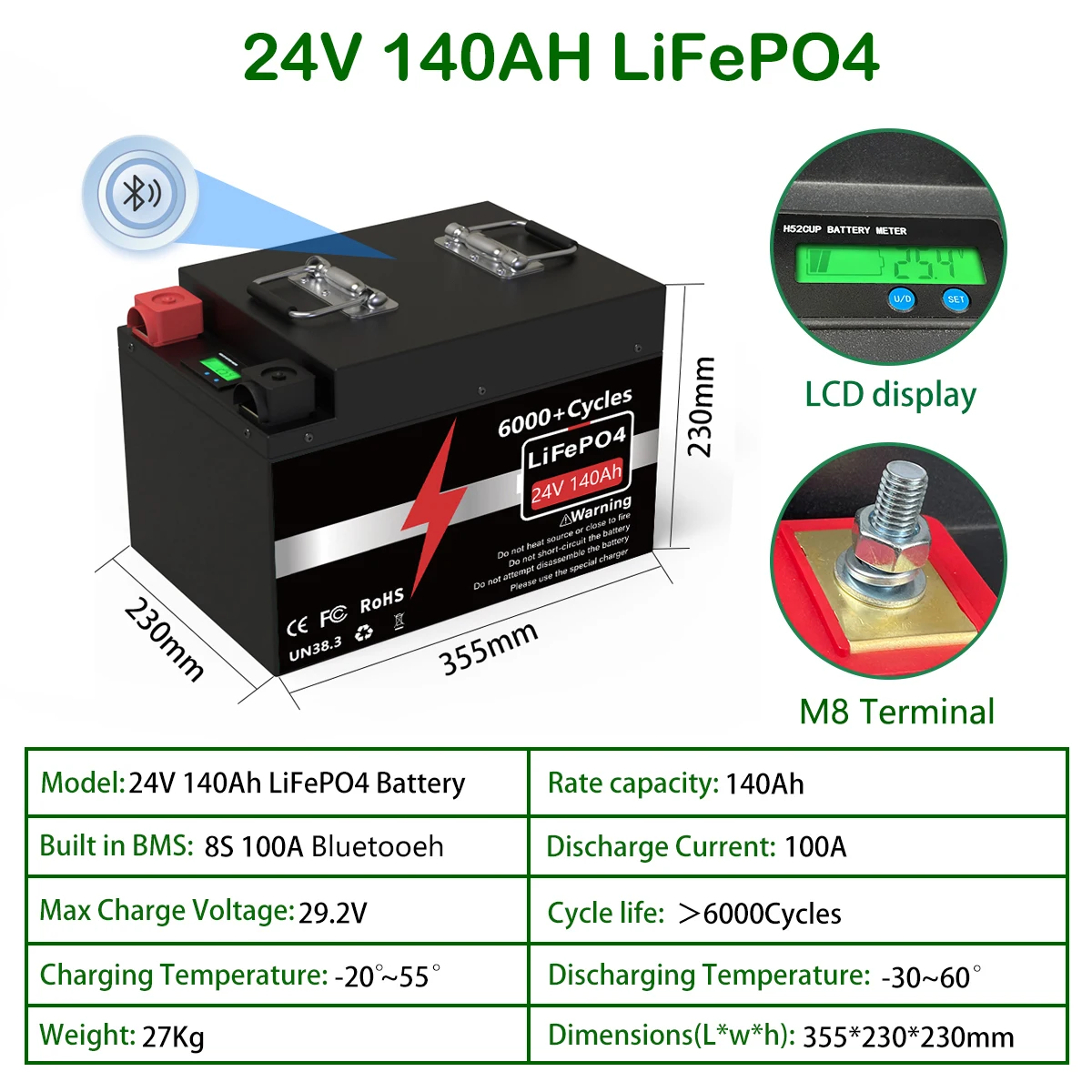 (New) LiFePO4 Battery 24V 300Ah 200Ah 240Ah Buletooth BMS 12.8V 25.6V 6000+ Cycles Grade A Cells For RV Boat Solar EU UKR