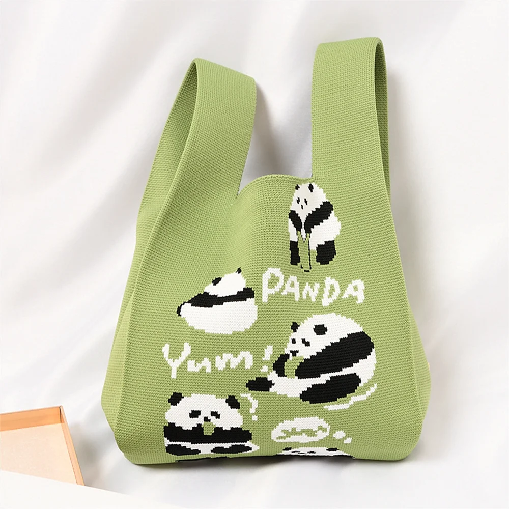 Summer Knitted Bag Women Leisure Wrist Bag Cute Colorful Carrot Panda Cat Print Handbag Student Tote Bag Lightweight Purse