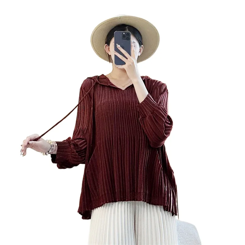 Damen Miyake Plissee Sweatshirt Chic Elastic Loose Casual Kapuzenpullover Tops Langarm Kordelzug Design Kleidung
