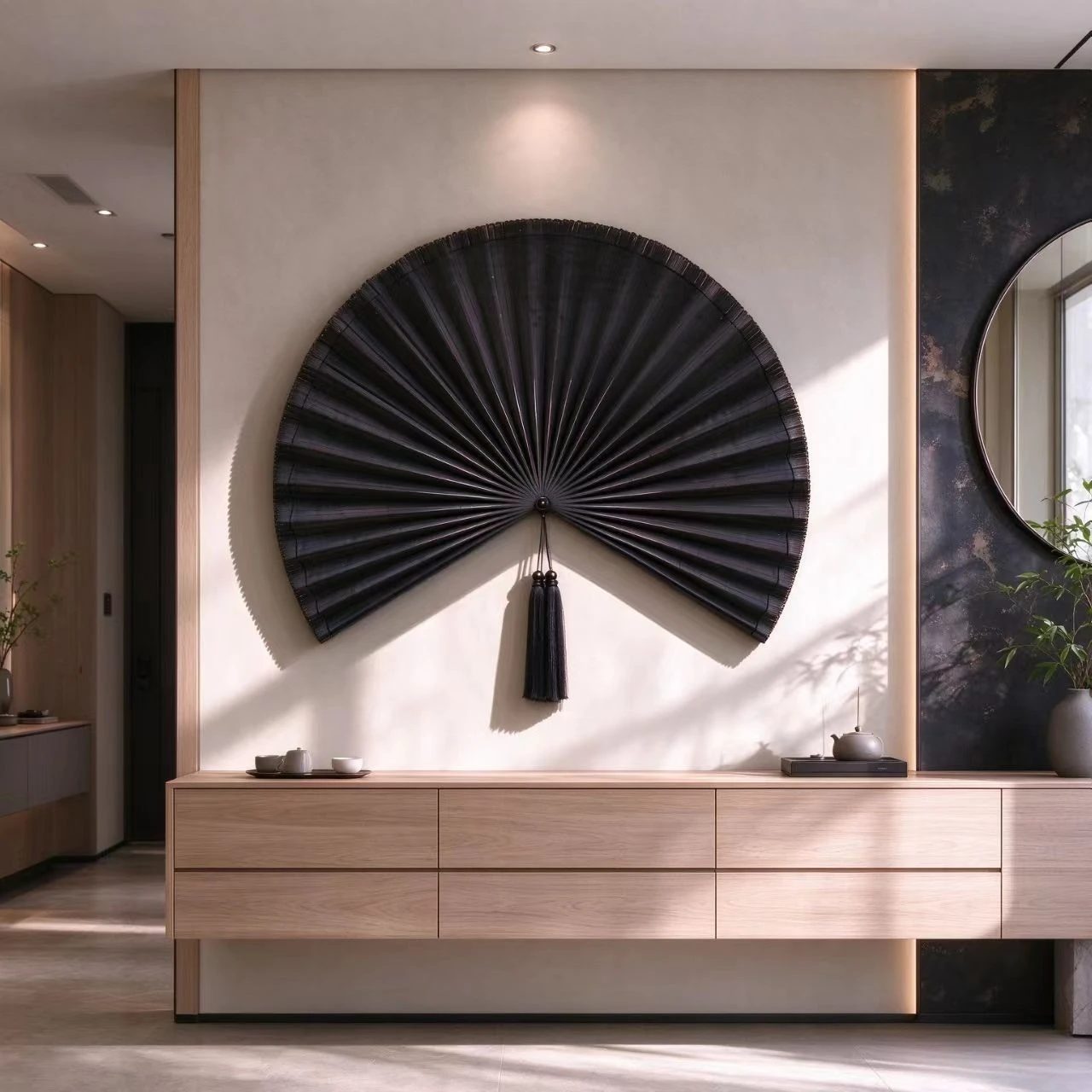 Handmade Black Bamboo Hanging Fan, Zen Wall Art for Tea Room
