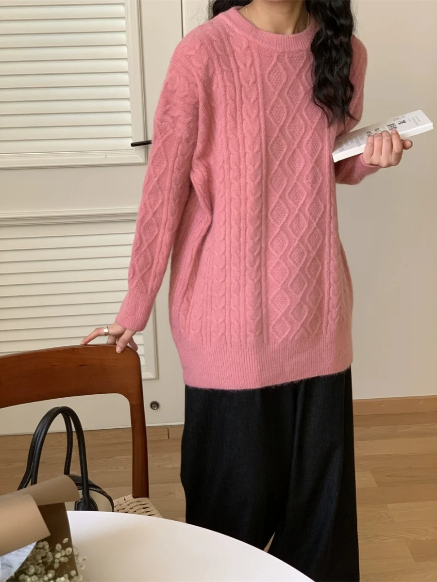 Zachte lange Sve gebreide trui Overhead Los Warm Lang Sve Knitwear rond Ne Casual Comfortabel All-Match Zacht Roze S...