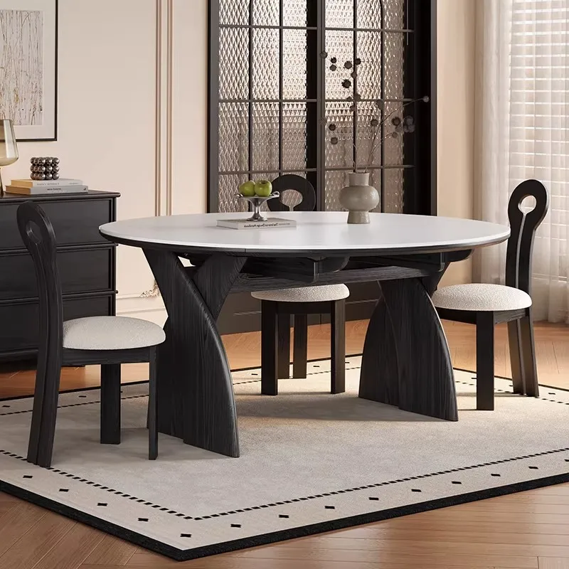 Medieval American solid wood folding dining table, retractable variable round table, black square and round dual-purpose small