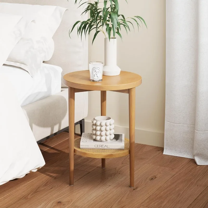 Round Accent End Table, Natural Sofa Side Table in Light Wood with Rattan Storage Shelf for Living Room, Light Brown