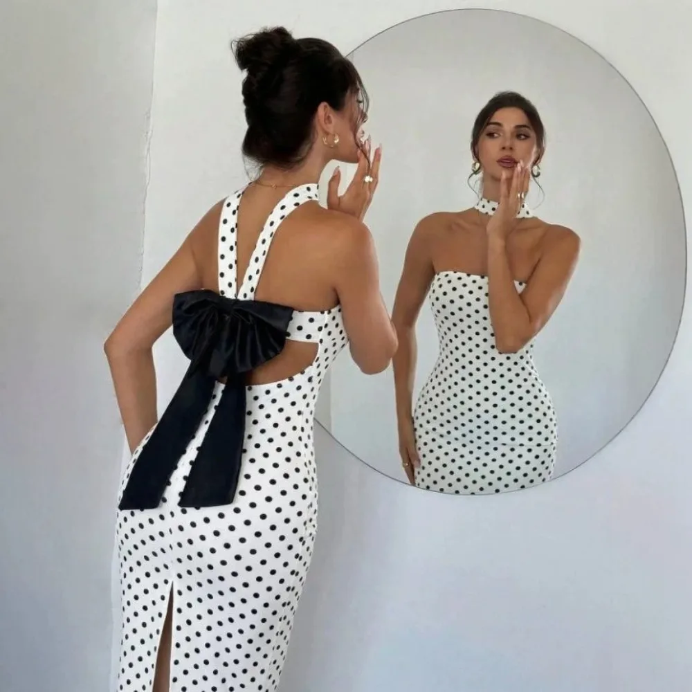 2026 New Hot Sale Polka Dot Bodycon Bow Tie Backless Dress Women Summer Party Wear