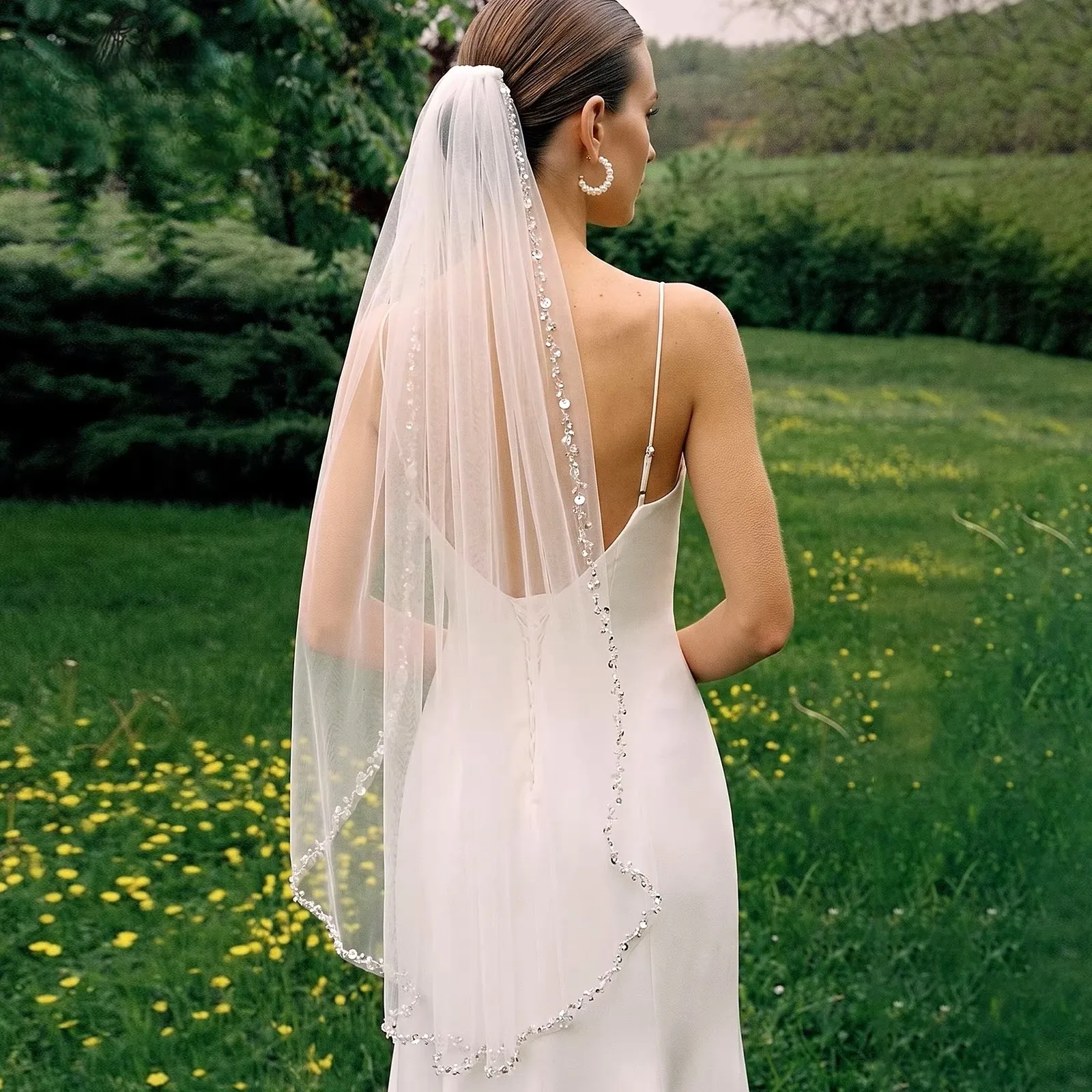 Crystal Beaded Wedding Veil with Comb Fingertip Length White/Ivory Soft Tulle Handmade Rustic Boho Vintage Bridal Accessories