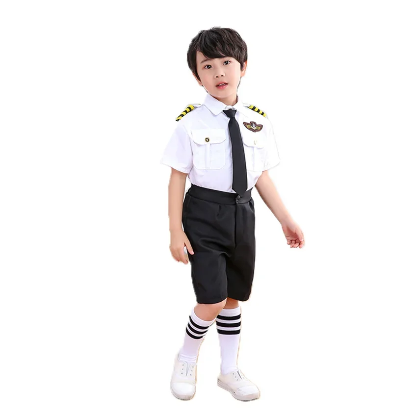 Flight Attendent Cosplay Costumes for Children Halloween Party Aircraft Pilot Uniforms Kids Performance Profession Class Wear