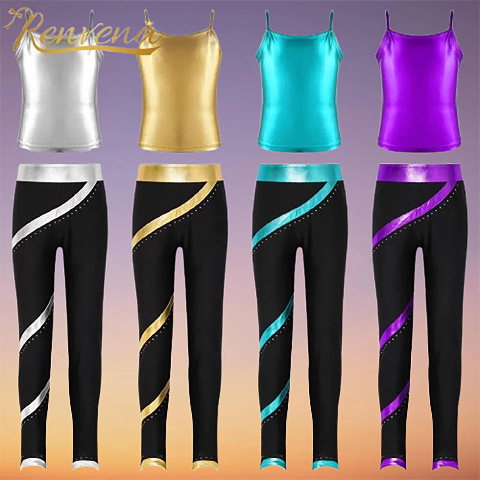 Kids Girls Dance Suits 2pcs Metallic Camisole Top + Pants Children Performance Costumes Jazz Hip Hop Stage Dancewear Outfits